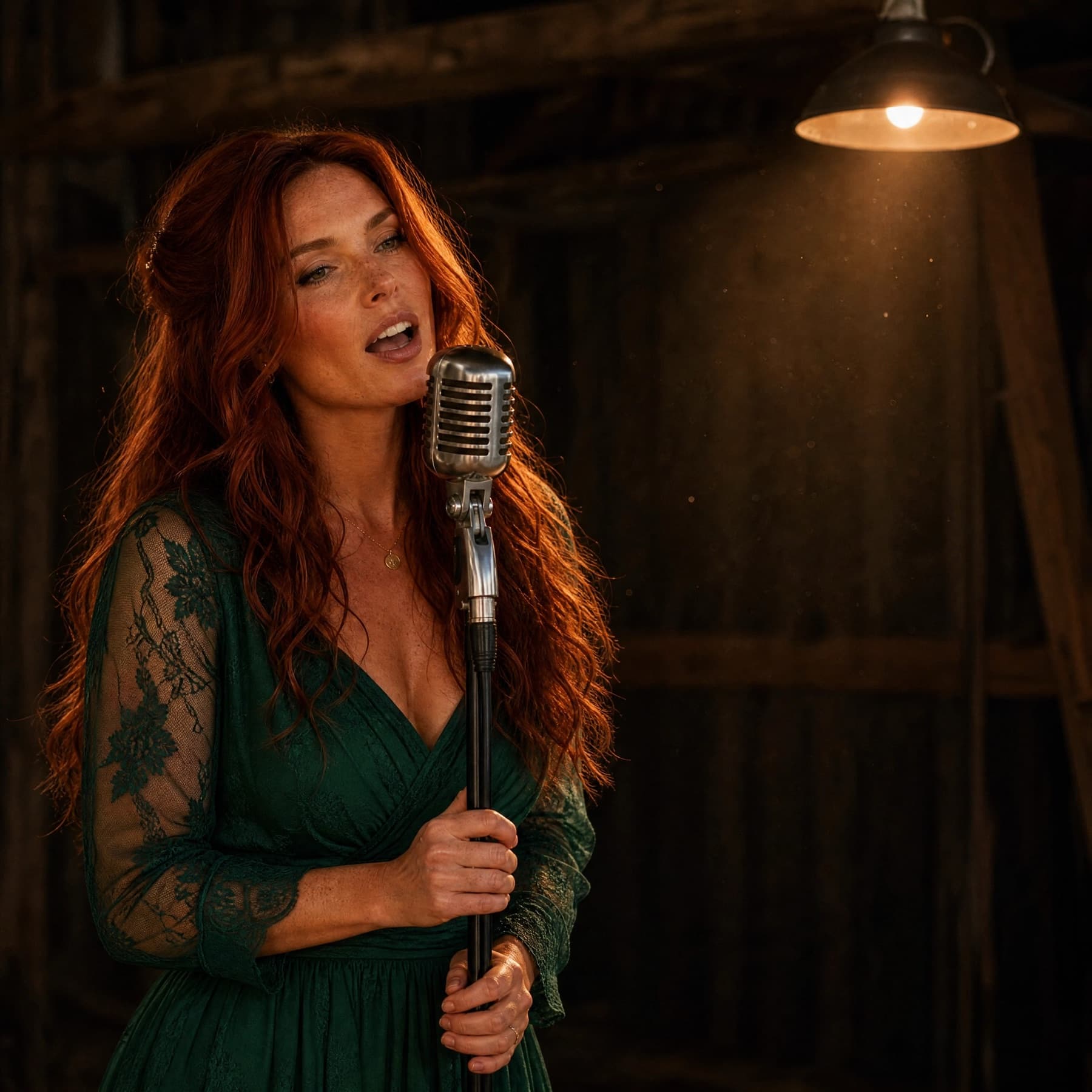 Vada Hollis in a green lace dress at a vintage microphone under a barn lamp